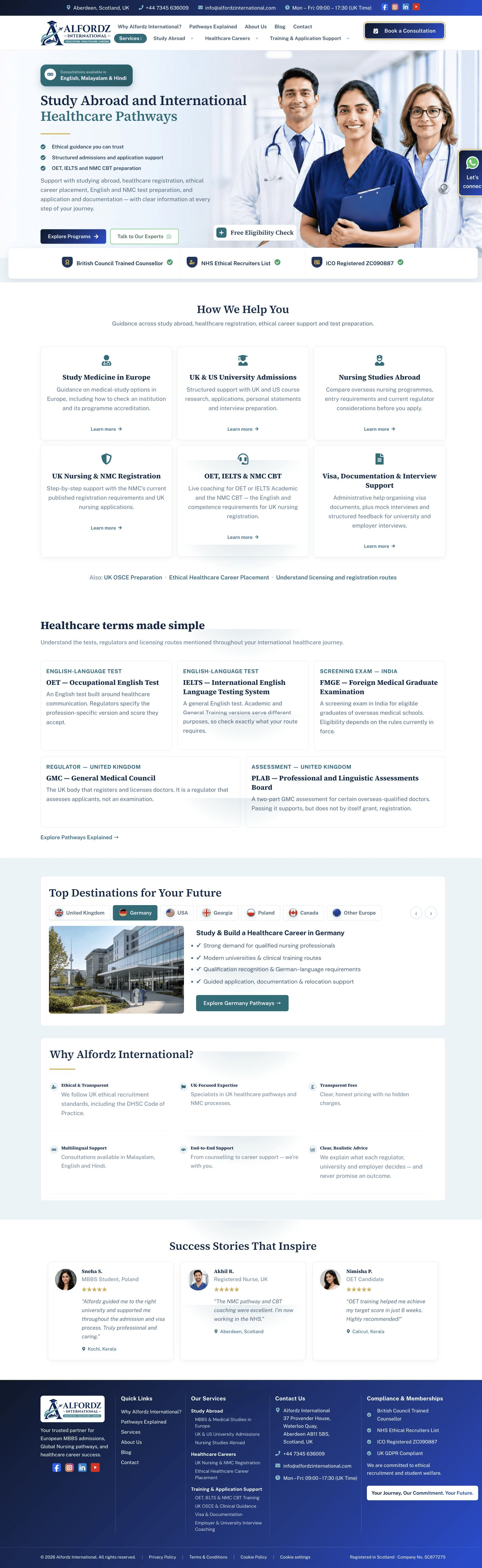 Full homepage of Alfordz International, showing study-abroad and healthcare-career pathways with program navigation and consultation prompts